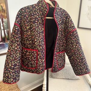 Amazon Floral Puffer Jacket with Red Trim